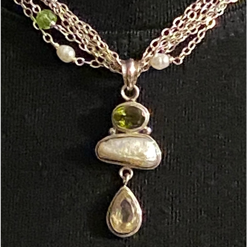 Stunning SSterling Multi Chain Necklace Green Tourmaline, Citrine, Pearl Pendant